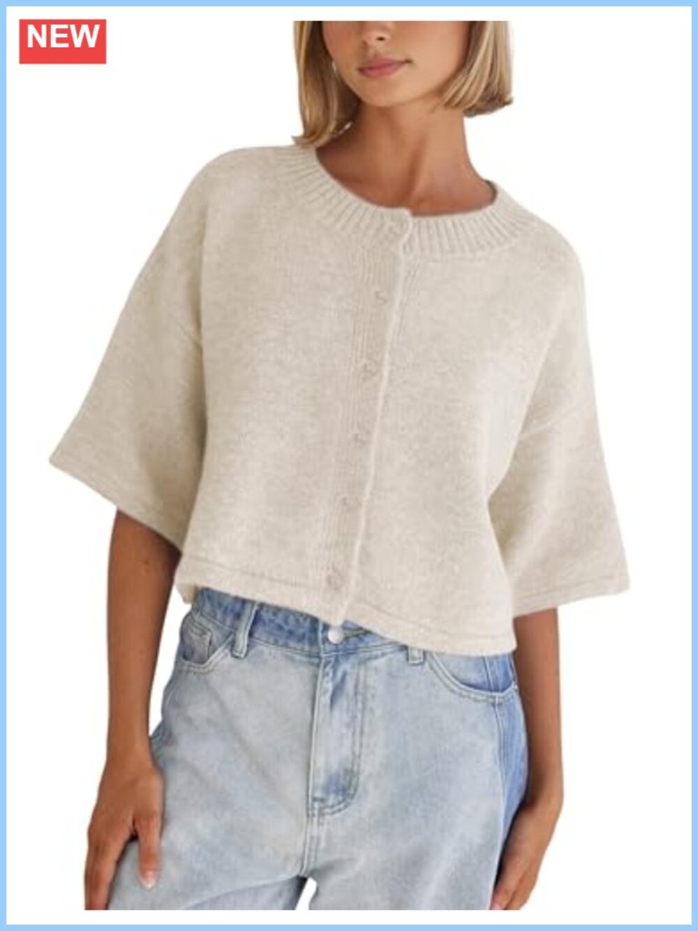 Lightweight Cropped Knit Cardigan for Women Button Up 3/4 Sleeve